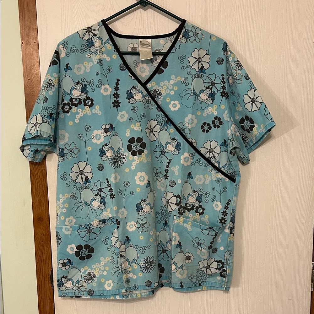 Disney Eeyore Floral Blue Scrub Top Size Large